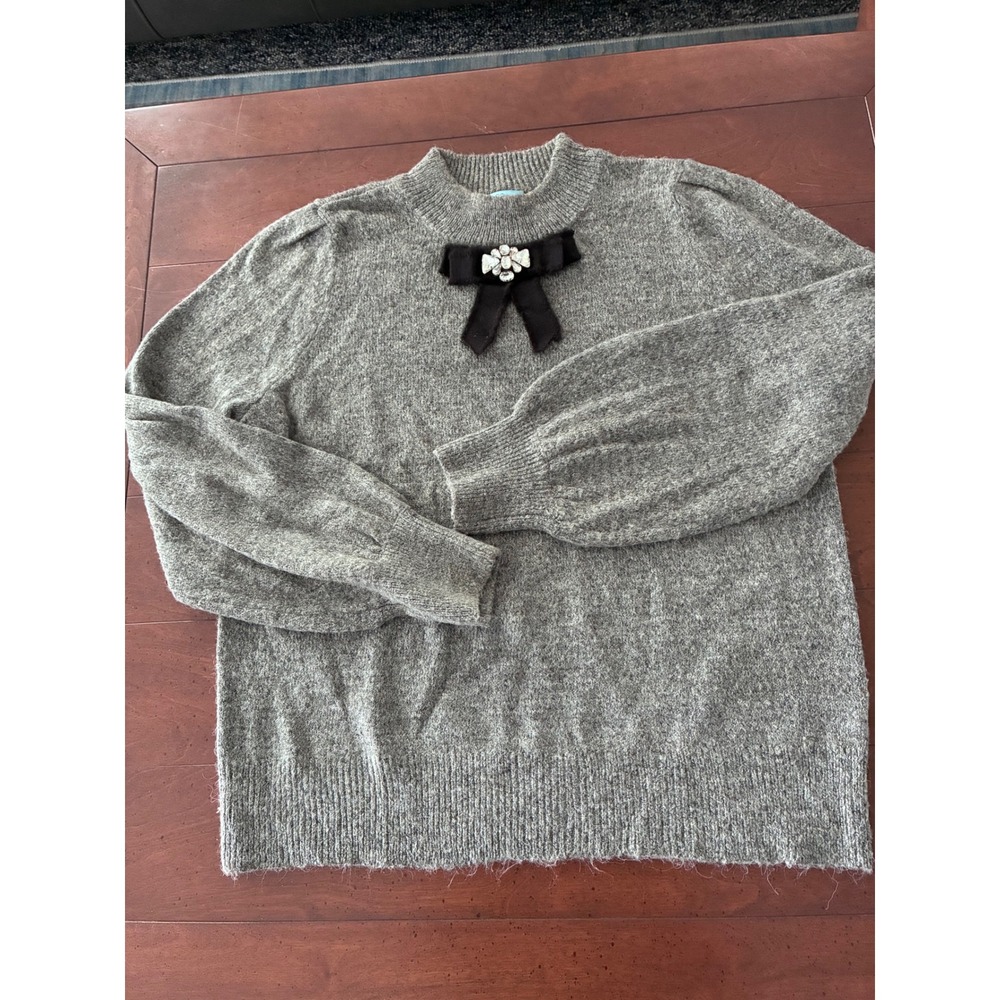 CeCe Grey Mock Neck Sweater Black Bow Rhinestone Balloon Sleeve Womens XL
